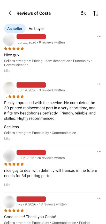 Five-star Facebook Marketplace reviews, including a replacement headphone part